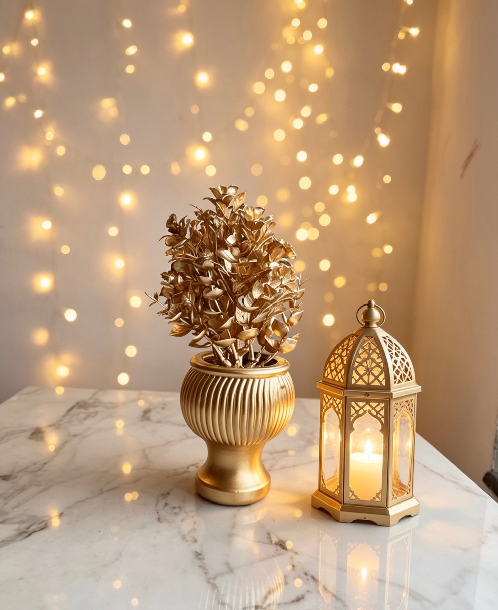 Luxury Golden Artificial Plant with Vertical Ribbed Chalice Pot -Elegant Miniature Golden Potted Shrub with Textured Goblet Vase for TV Console, Side Table, Luxury Room Decoration Accent